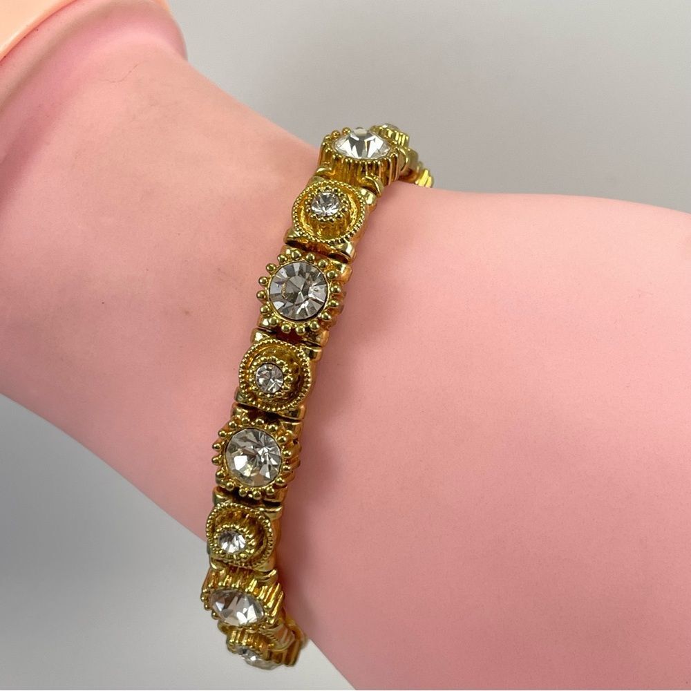Gold Tone Glass Rhinestone Bridal Elegant Stretch Bracelet Sparkle Formal